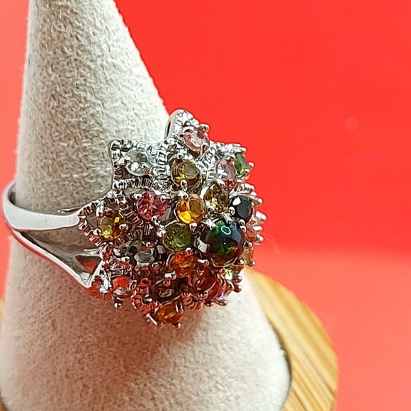 Natural Fire Opal & Tourmaline 925 Sterling Silver Ring Sz 7.5 - Picture 3 of 14